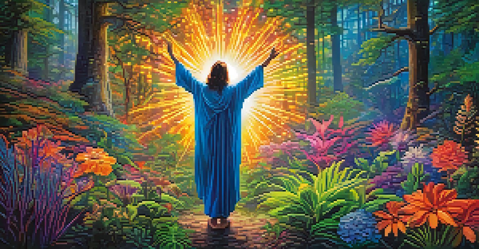 A person in a luminous forest surrounded by colorful, glowing plants, with light beams creating a magical atmosphere.