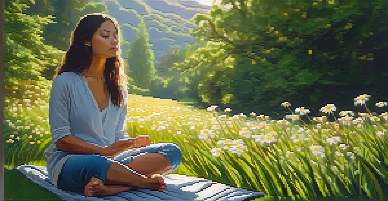 A person meditating in a green landscape, surrounded by sunlight and flowers, exuding tranquility.