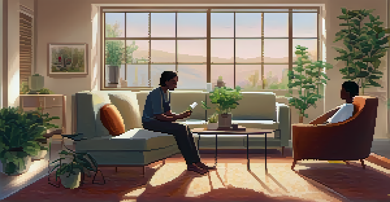 A cozy therapy room with a therapist and client talking, surrounded by calming decor.