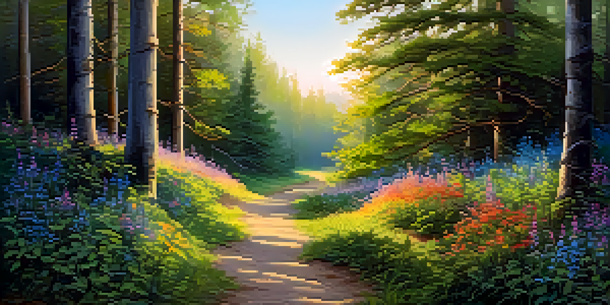 A tranquil forest at dawn with colorful wildflowers and soft sunlight filtering through the trees, creating a peaceful atmosphere.