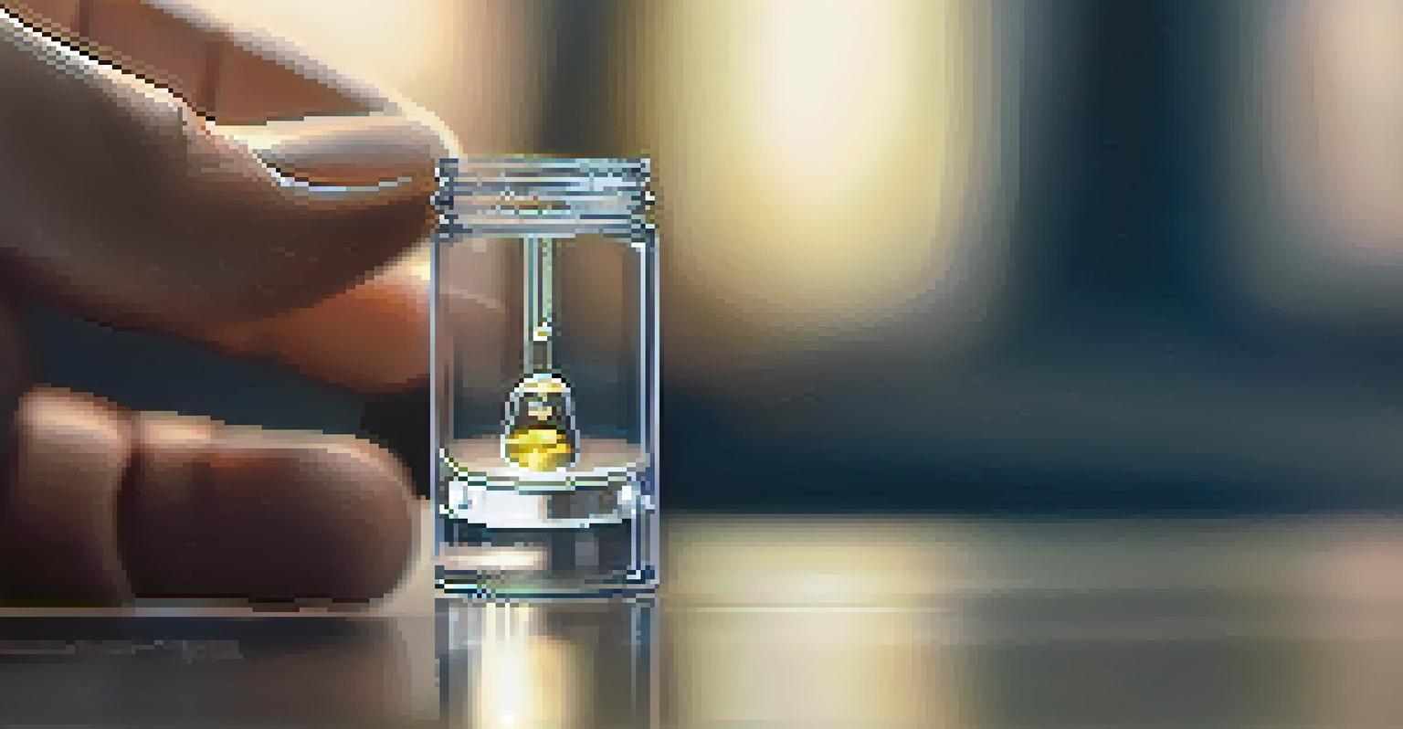 A close-up of a hand holding a glass vial filled with a clear liquid.
