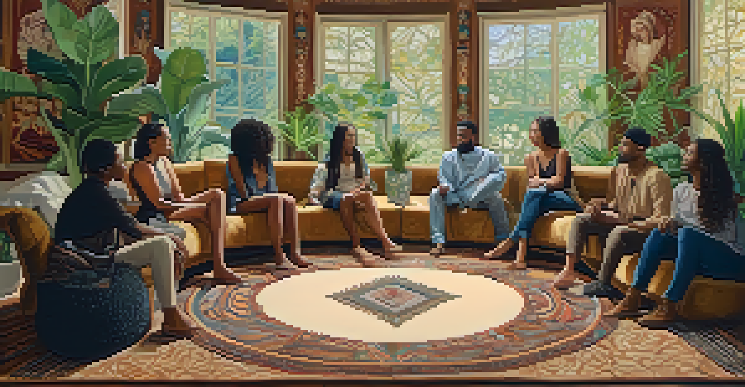 A cozy room with diverse individuals in a circle, engaged in deep conversation, surrounded by tapestries and plants, showcasing empathy and connection.