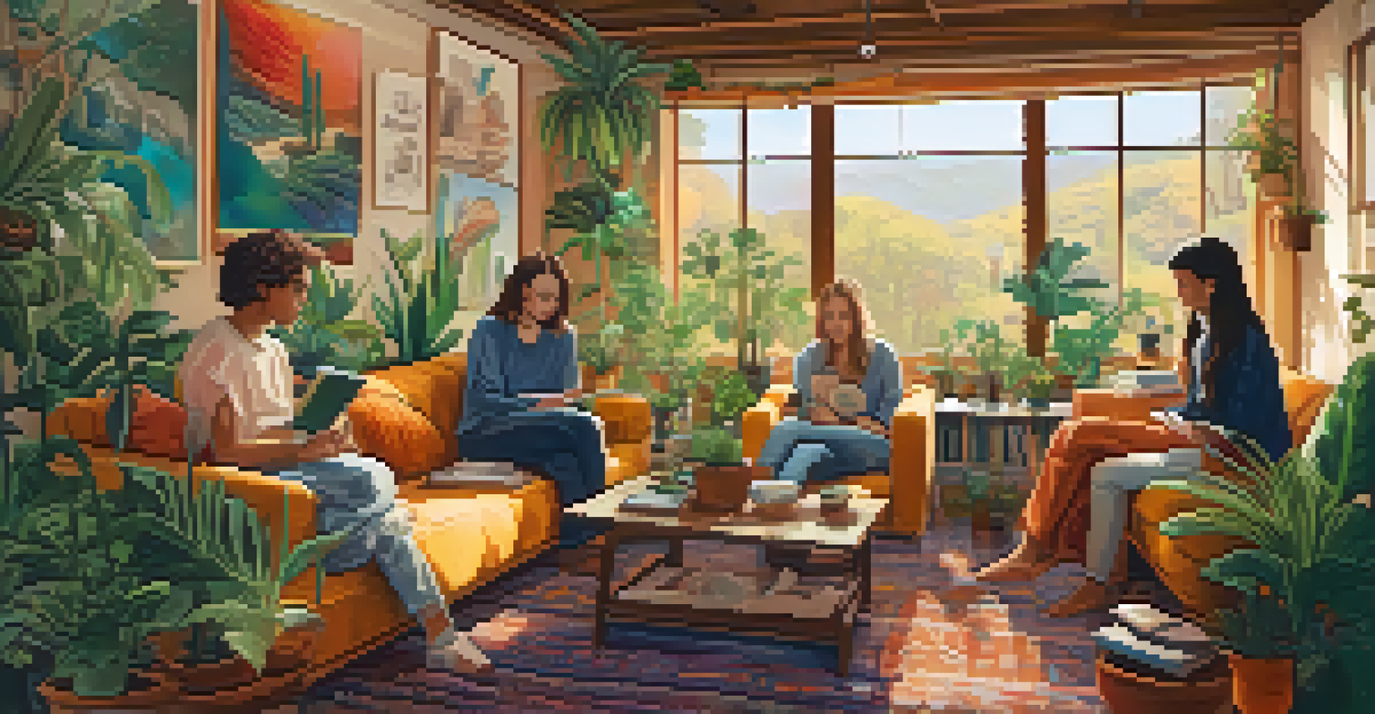 A cozy indoor space with ambient lighting where friends gather on cushions, sharing experiences and reflecting on their journeys.