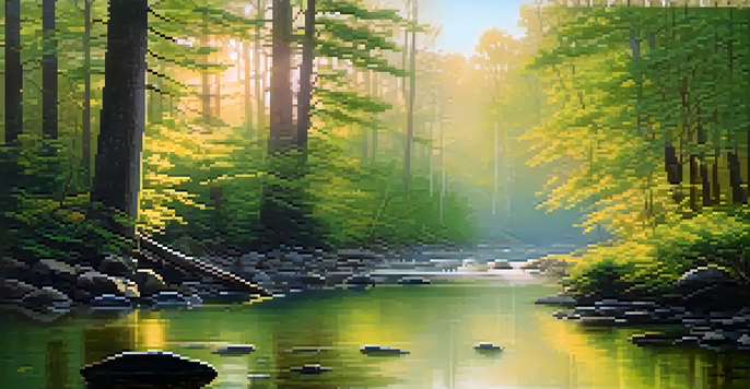 A tranquil forest at dawn with mist, golden sunlight, and a small stream.