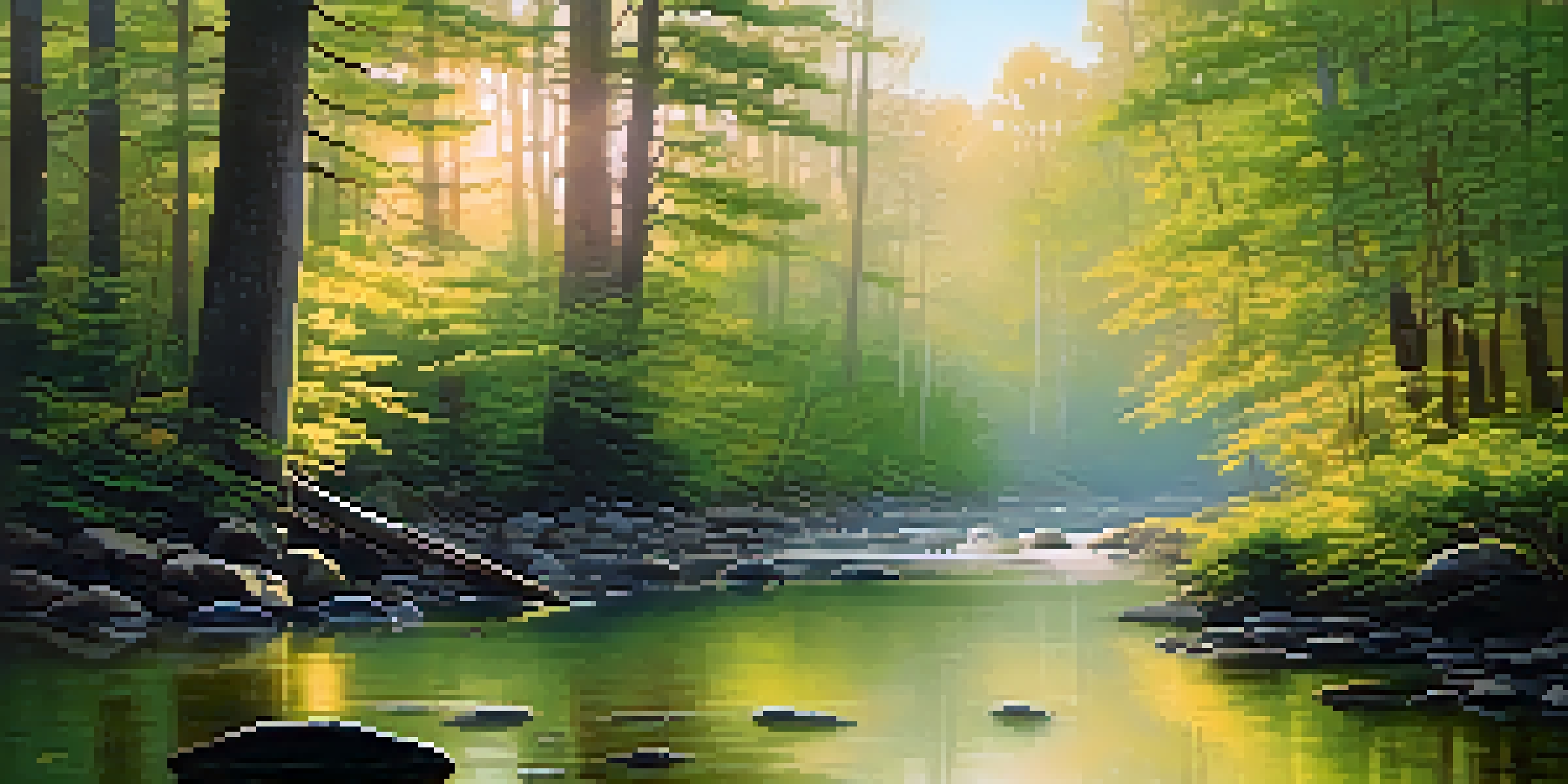 A tranquil forest at dawn with mist, golden sunlight, and a small stream.