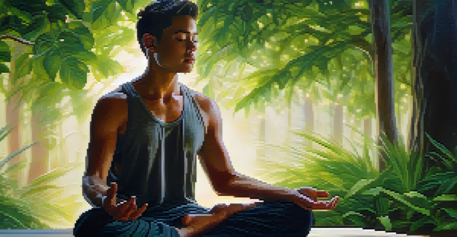 A close-up of a person meditating amidst lush greenery and glowing lights, showing a serene expression.
