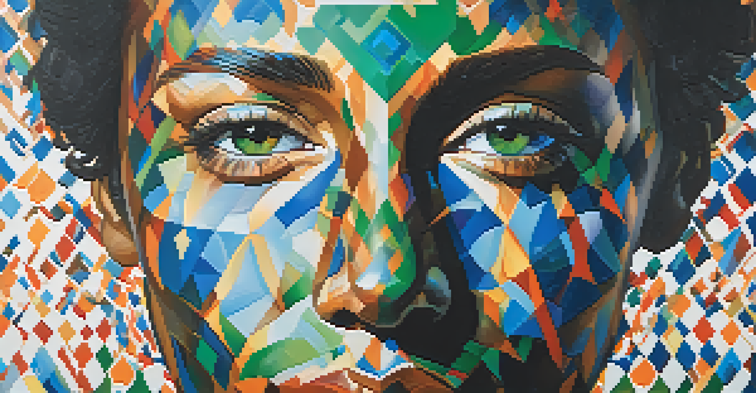 An abstract portrait featuring a person's face made of geometric patterns and vibrant colors.