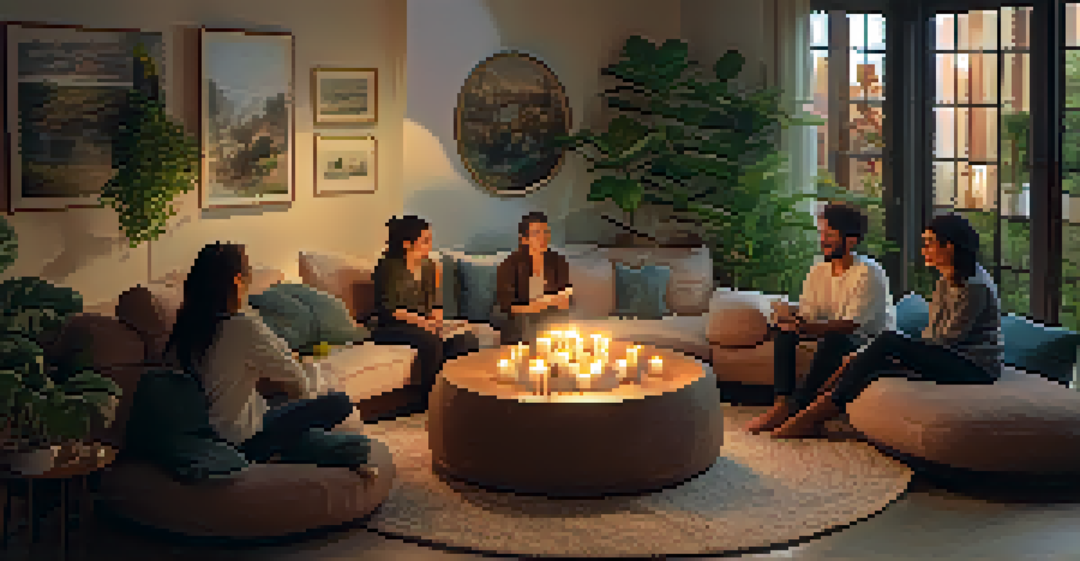 A group of friends gathered indoors, sitting in a circle on cushions, having a meaningful conversation with soft lighting and plants around them.