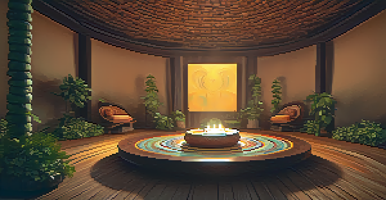 An ayahuasca ceremony setting with cushions, candles, and a ceremonial cup arranged in a warm, intimate atmosphere.