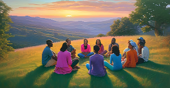 A diverse group of people sitting in a circle on a grassy hilltop at sunset, sharing experiences in a supportive environment.