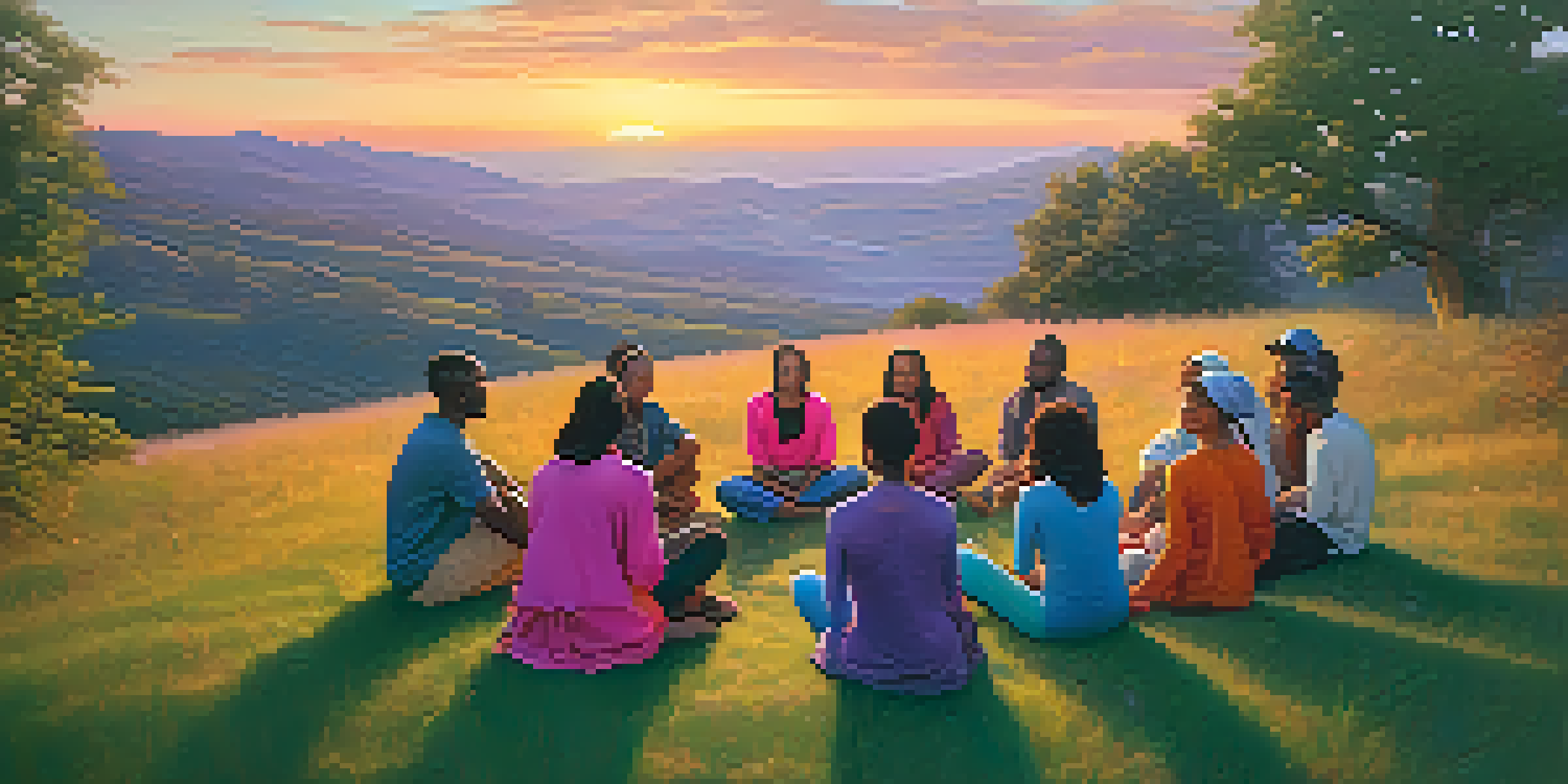 A diverse group of people sitting in a circle on a grassy hilltop at sunset, sharing experiences in a supportive environment.