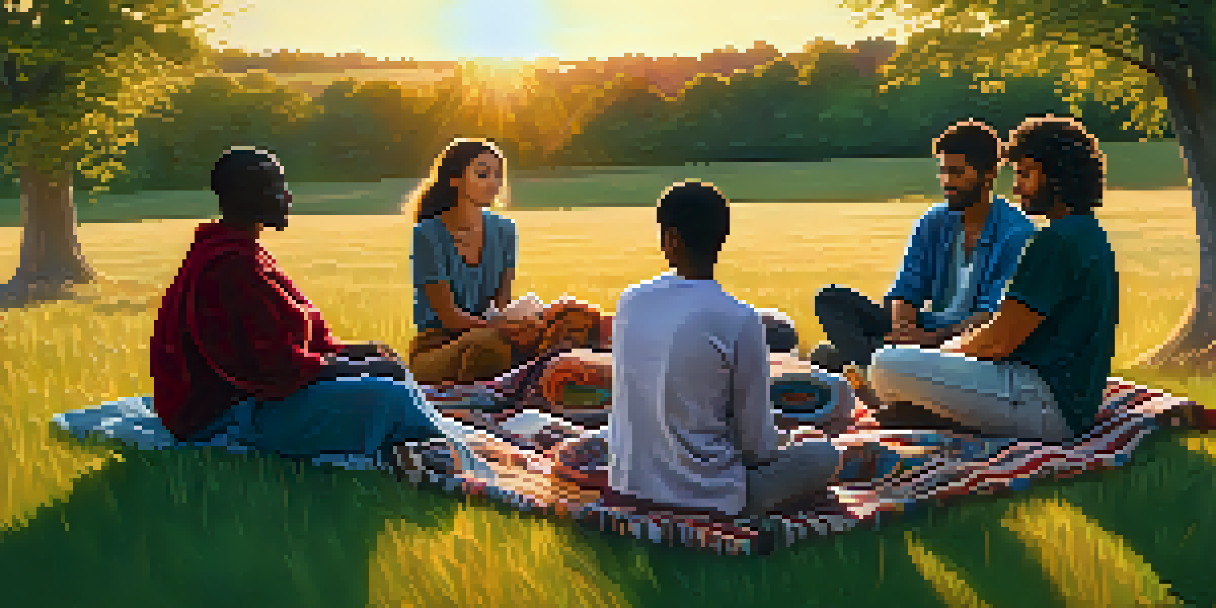 A group of people sitting in a circle on a grassy field at sunset, engaged in conversation, surrounded by trees and colorful cushions.