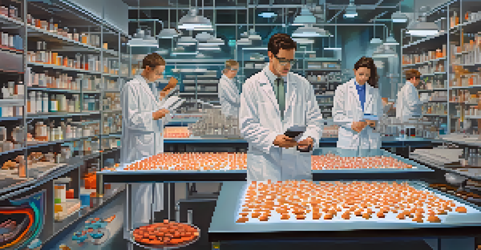 A laboratory with scientists examining mushrooms under microscopes, highlighting research on psilocybin.