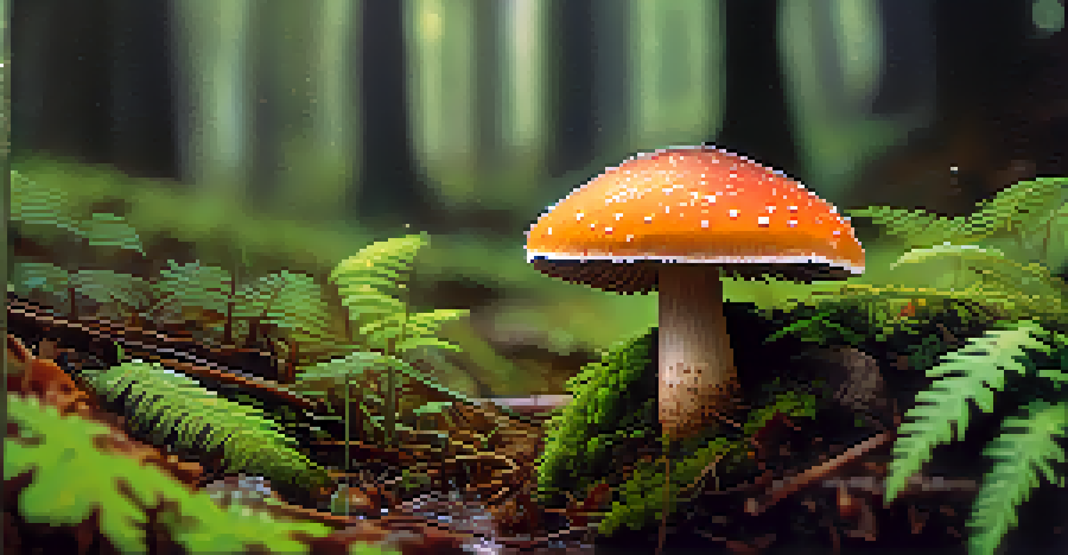 A close-up of a colorful mushroom with dew drops, surrounded by green moss and ferns in a forest.
