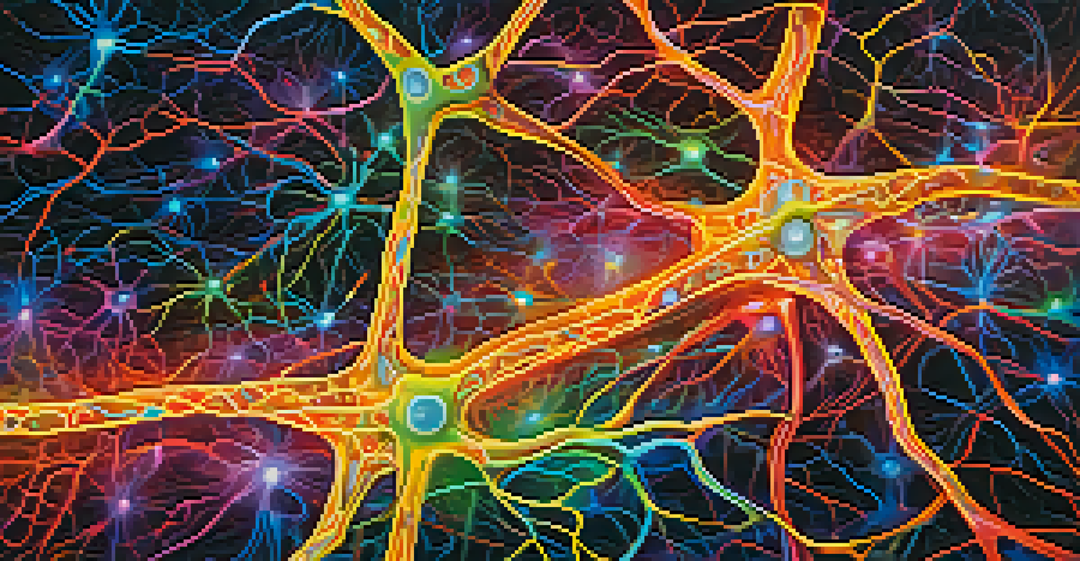 An abstract image of interconnected neurons in the brain with vibrant colors, representing neuroplasticity and transformation.