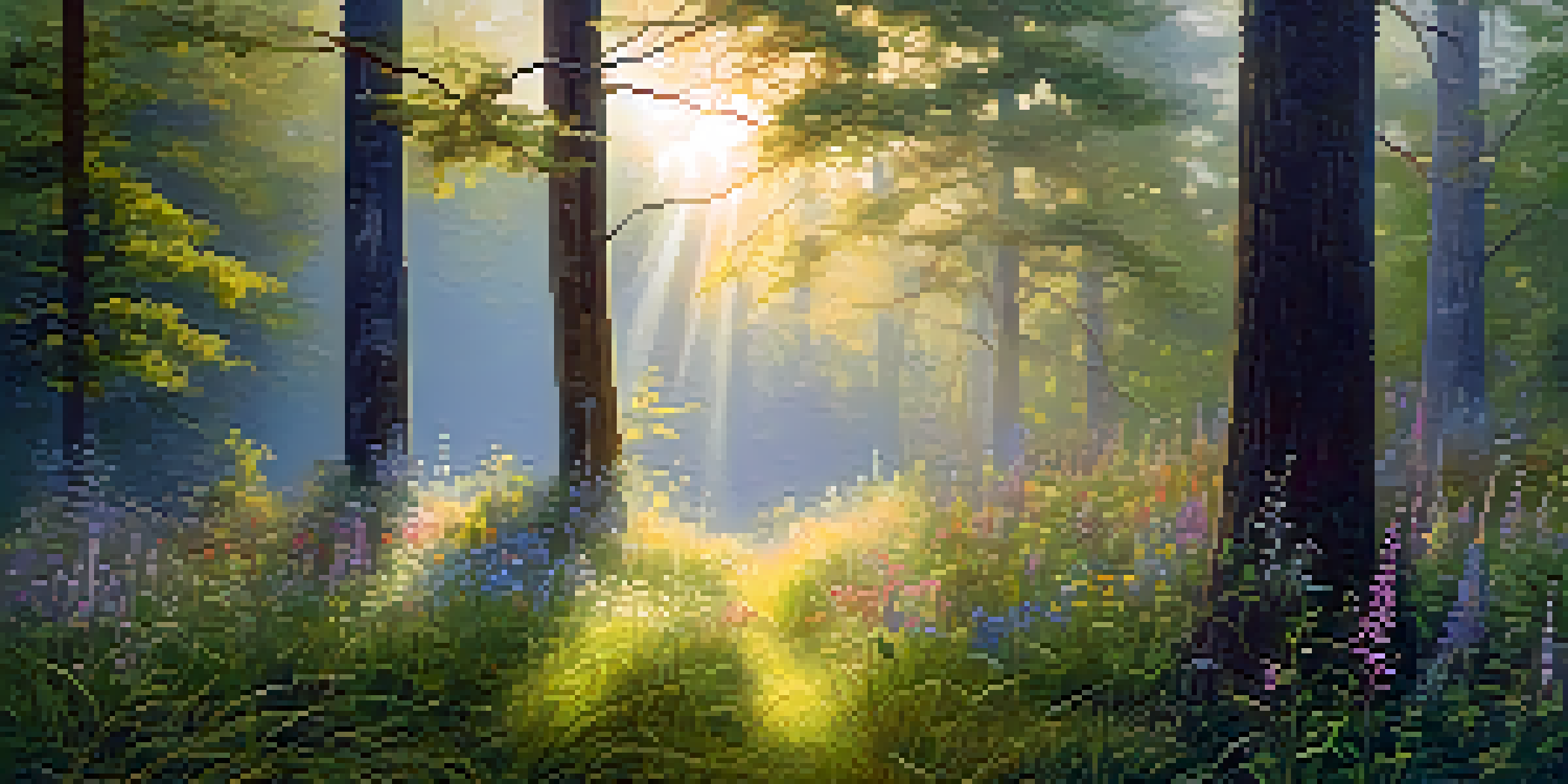 A peaceful forest at dawn with golden light and mist, showcasing wildflowers in a clearing.