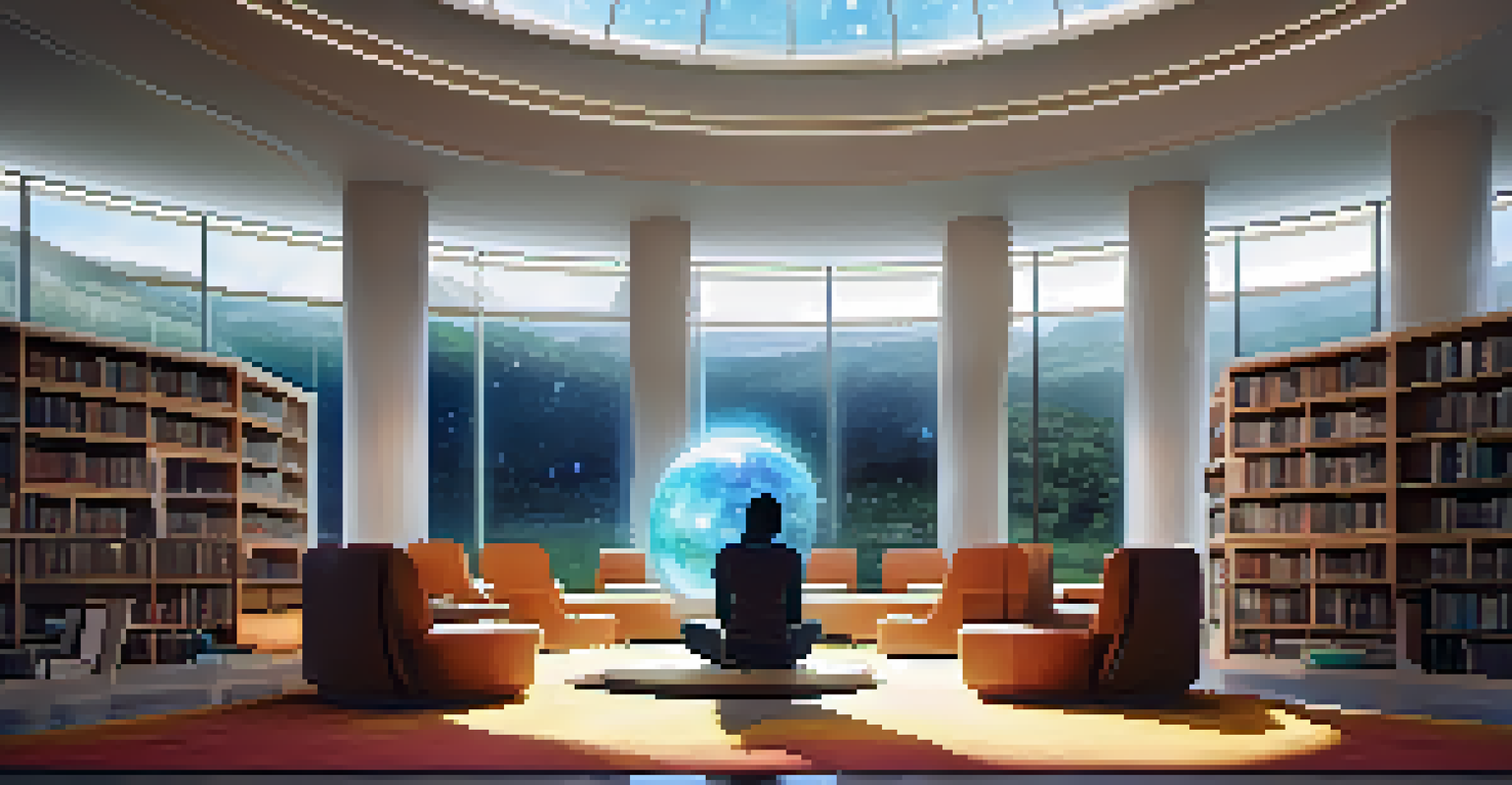 A futuristic library with glowing books on shelves, a circular reading area, and a holographic galaxy projection above, with a person reading.