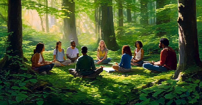 A serene forest scene with individuals meditating in a circle on the forest floor, surrounded by vibrant flowers and a stream.