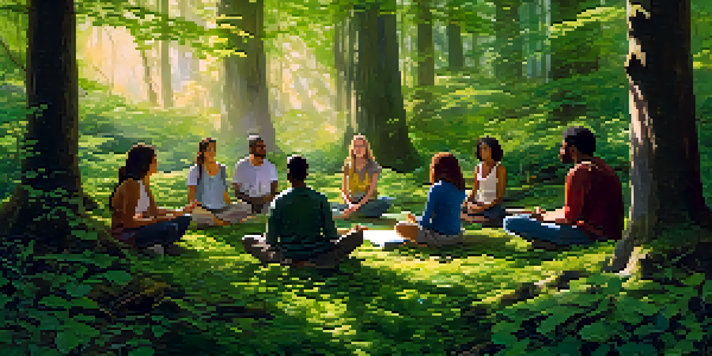 A serene forest scene with individuals meditating in a circle on the forest floor, surrounded by vibrant flowers and a stream.