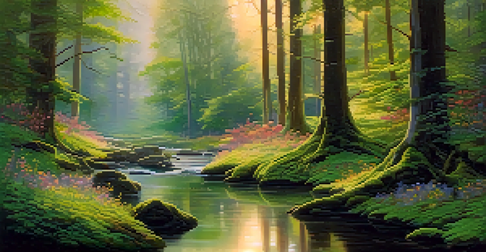 A tranquil forest at sunrise with golden light filtering through trees and a gentle stream flowing in the foreground.