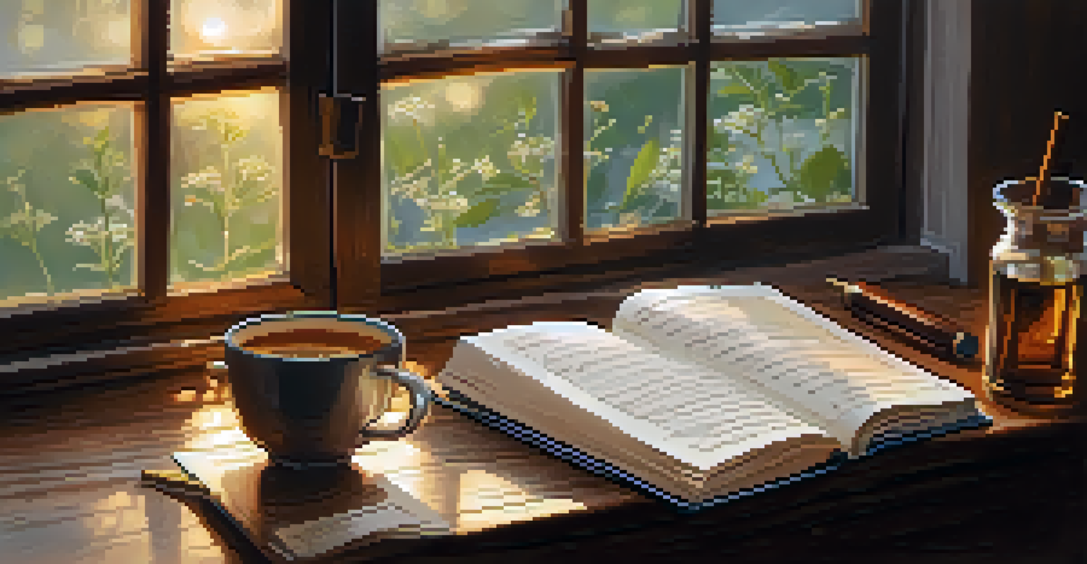An open journal with handwritten notes and a cup of tea on a wooden table, illuminated by natural light from a window.