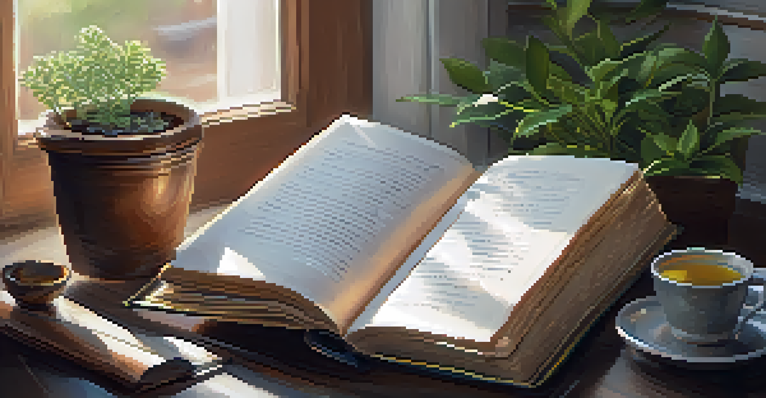 A close-up of an open journal with handwritten reflections, a steaming cup of herbal tea, and a small potted plant, bathed in soft morning light.