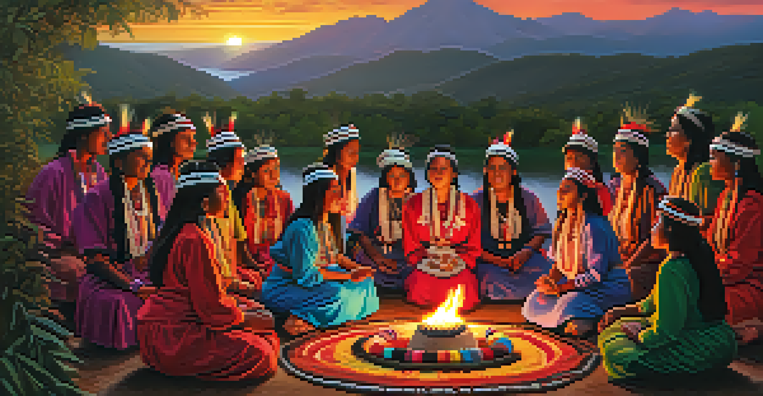 An indigenous ceremony with people in colorful garments surrounded by nature and a vibrant sunset.