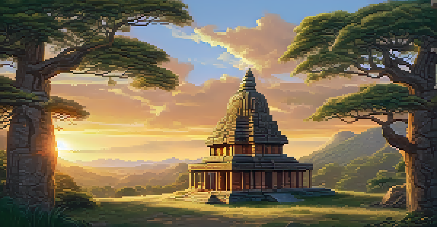 An ancient stone temple with indigenous carvings at sunset, surrounded by rolling hills and lush vegetation.