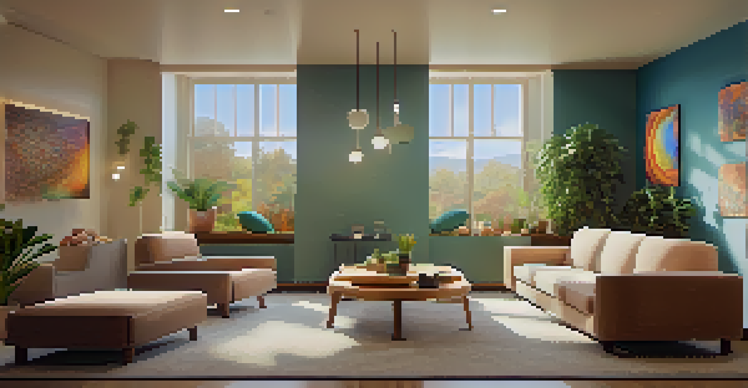 A cozy therapy room with soft lighting, comfortable seating, and calming artwork, designed for psychedelic-assisted therapy.