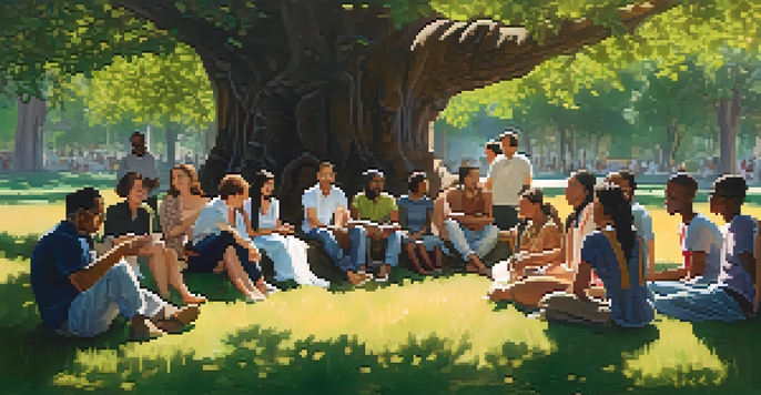 A group of diverse individuals sitting in a circle under a tree, engaged in conversation with smiles, surrounded by nature.