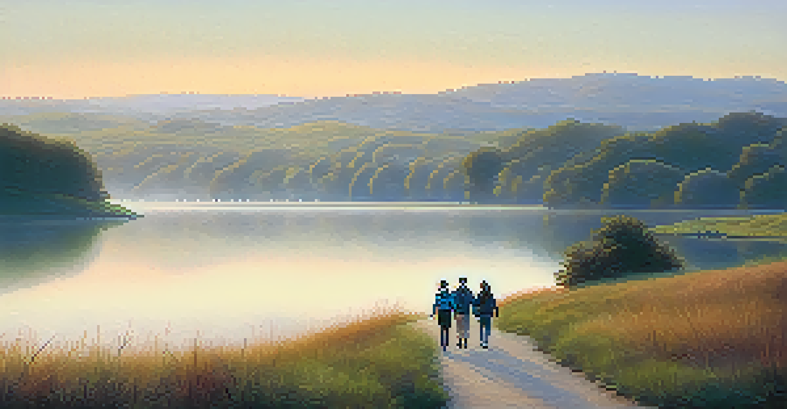A group of individuals walking together by a tranquil lake at dawn, smiling and holding hands, amidst a picturesque landscape.