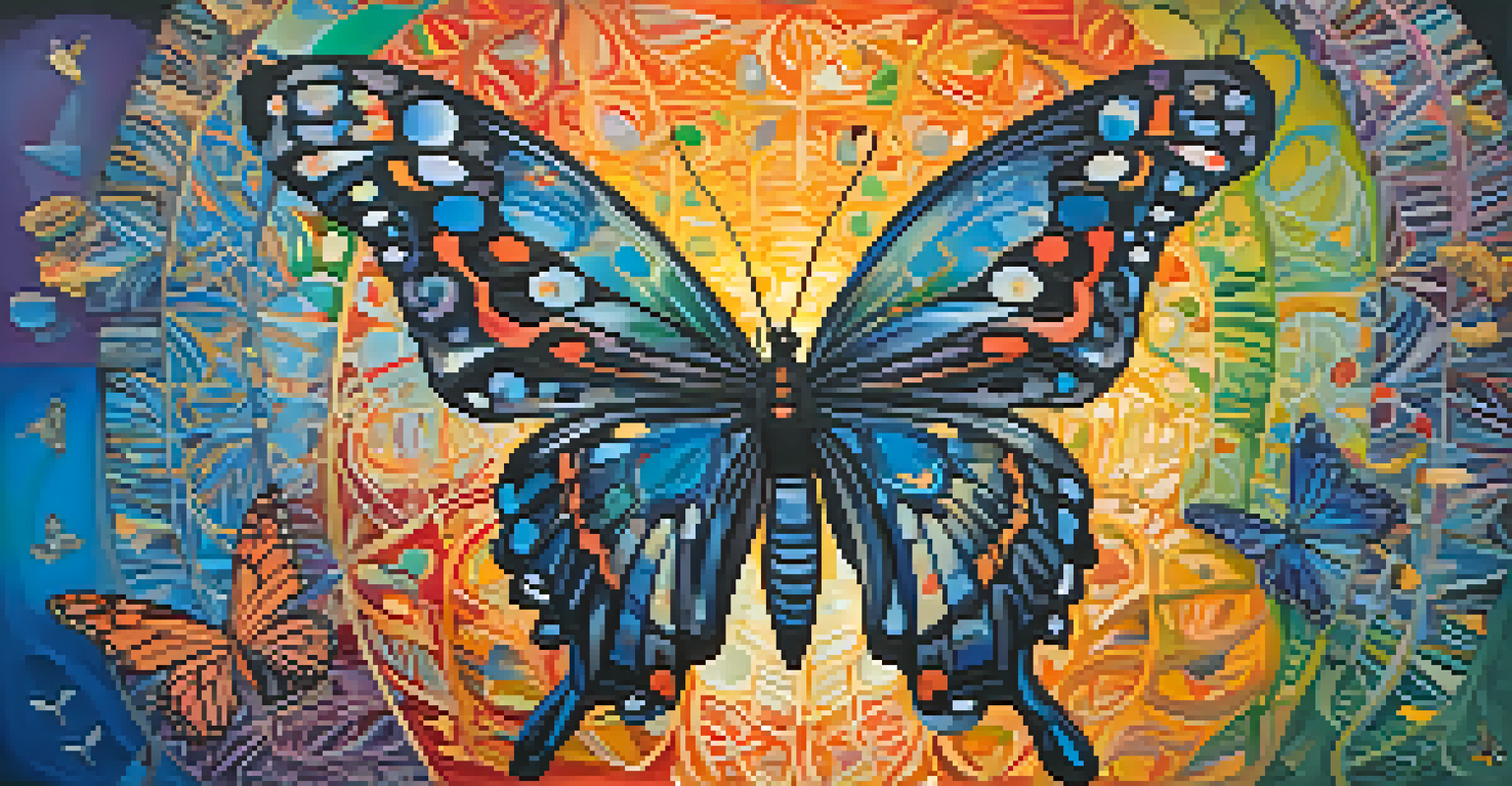 A vibrant abstract image depicting a butterfly emerging from a chrysalis against a colorful background, symbolizing transformation.