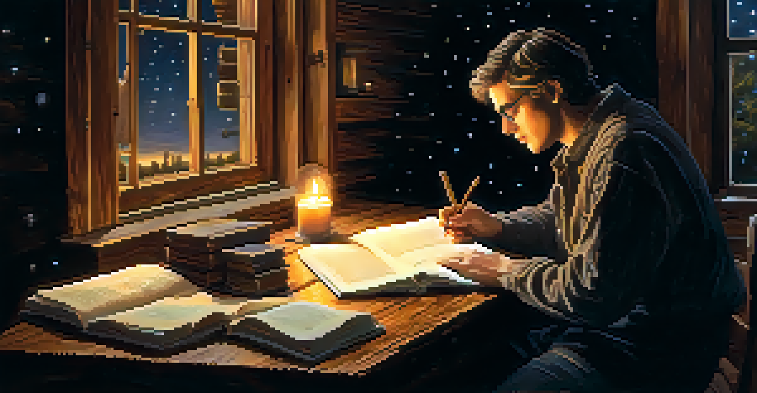 A writer at a wooden desk with an open notebook and candlelight, surrounded by a starry night sky outside the window.