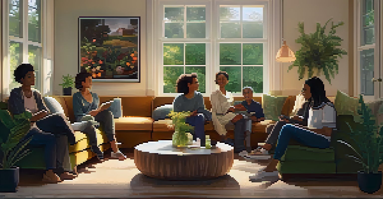 A diverse group of people sitting in a circle in a cozy room, engaged in conversation and support.