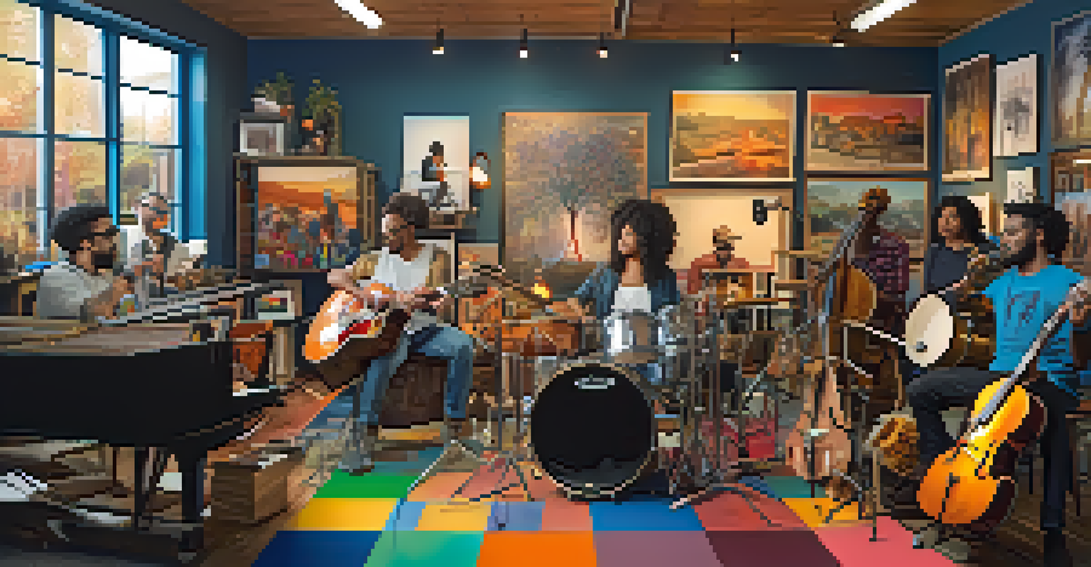 A diverse group of artists collaborating in a colorful and inviting studio.