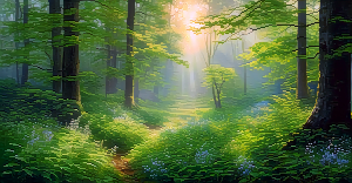 A tranquil forest at sunrise with sunlight filtering through the leaves and colorful wildflowers in a clearing.