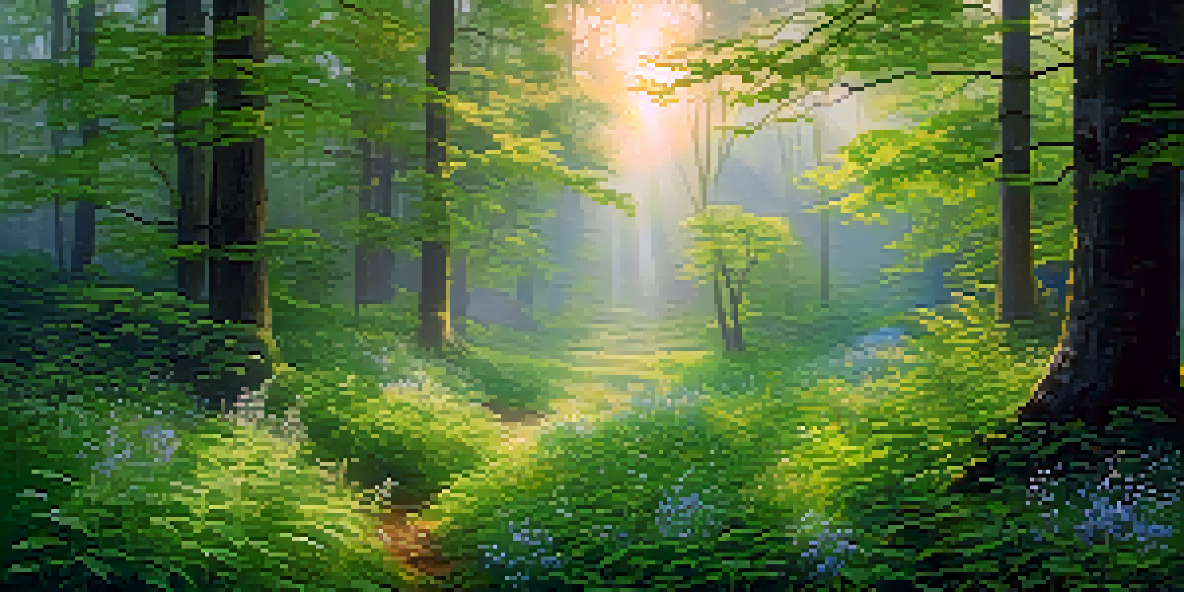 A tranquil forest at sunrise with sunlight filtering through the leaves and colorful wildflowers in a clearing.