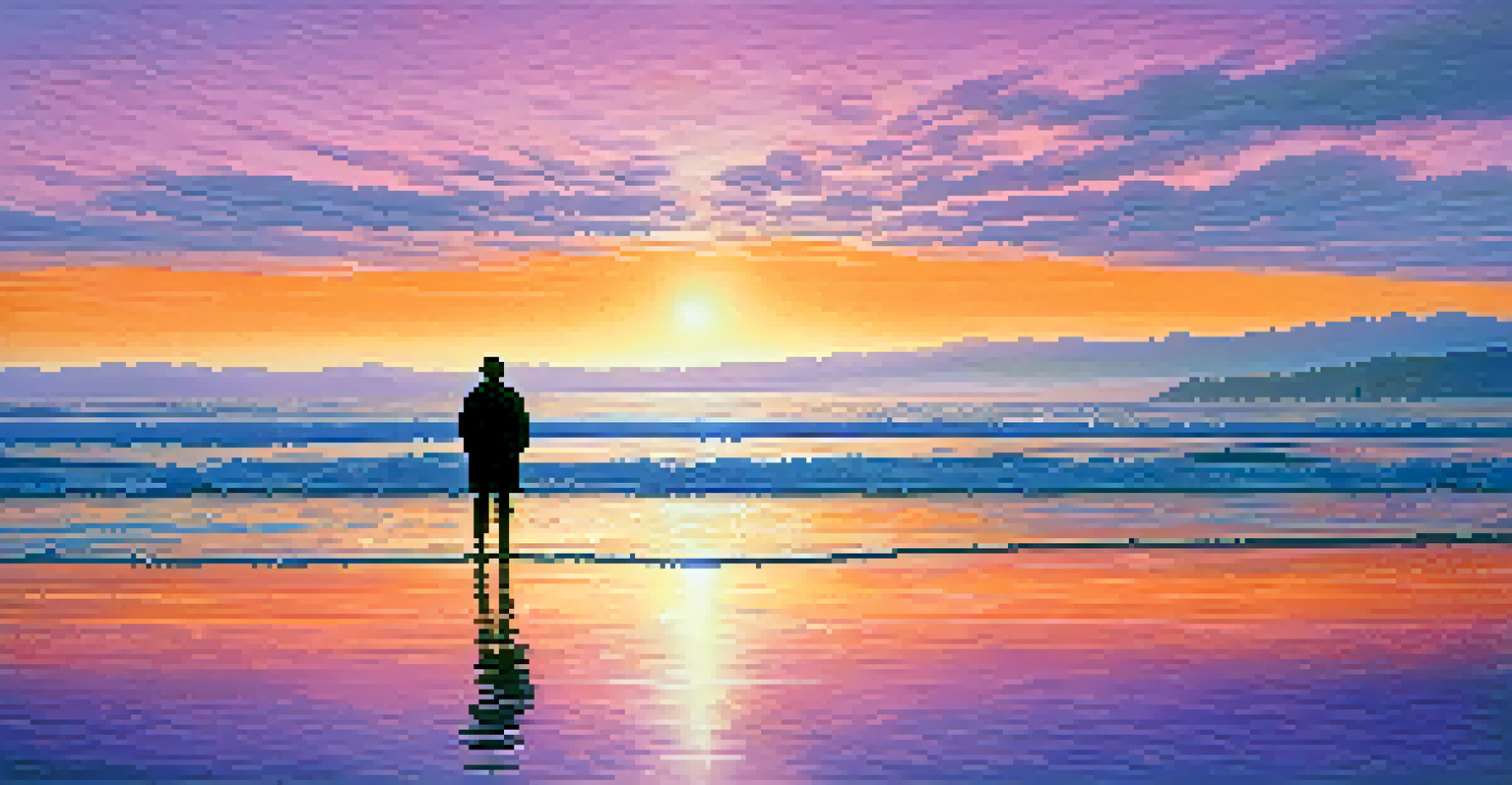 A peaceful beach at sunrise with vibrant colors in the sky, and a figure standing at the water's edge, looking towards the horizon.