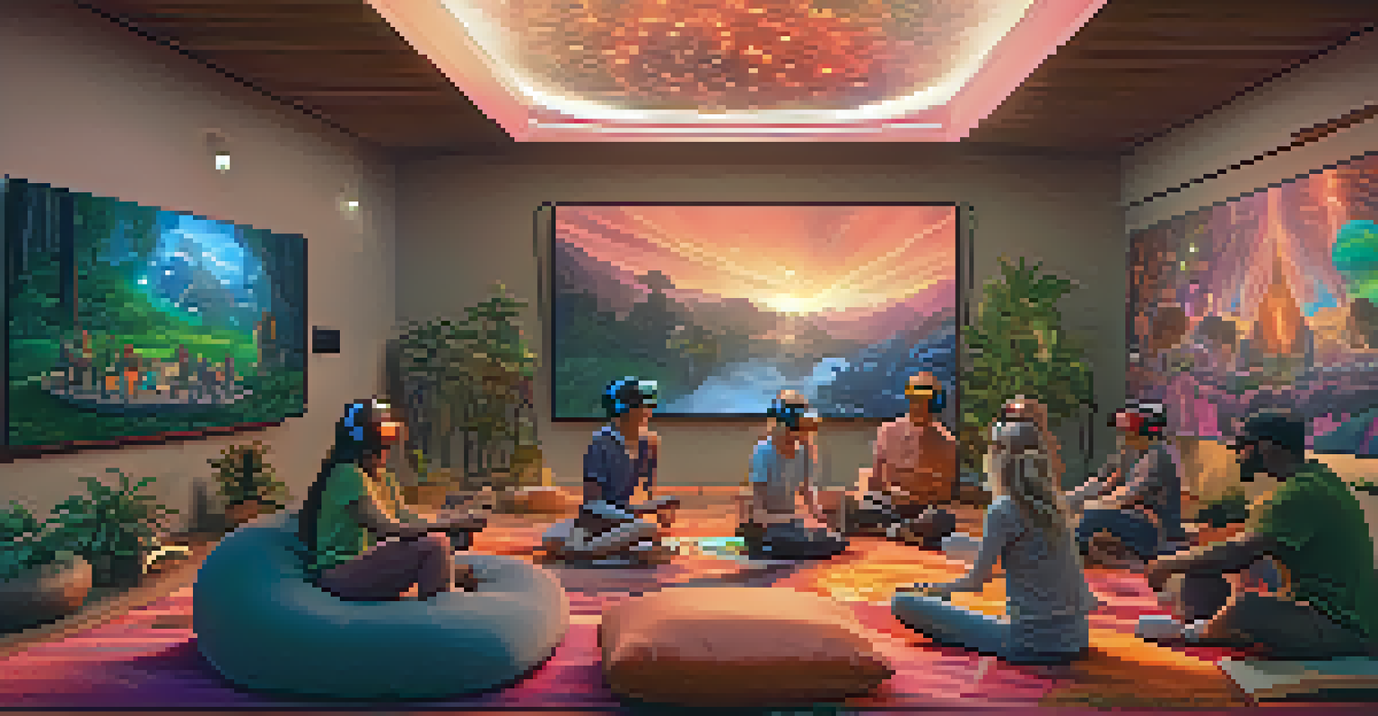A group of friends in a cozy room wearing VR headsets, engaged in an immersive session about entheogens, with ambient lighting and nature visuals in the background.