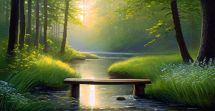 A misty forest at dawn with golden sunlight filtering through trees and a tranquil stream, featuring lush green foliage and wildflowers.