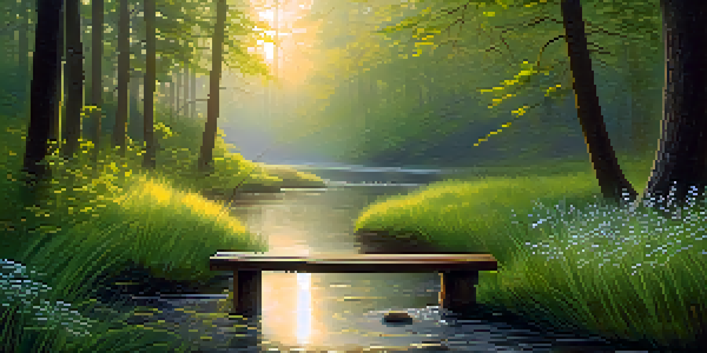 A misty forest at dawn with golden sunlight filtering through trees and a tranquil stream, featuring lush green foliage and wildflowers.