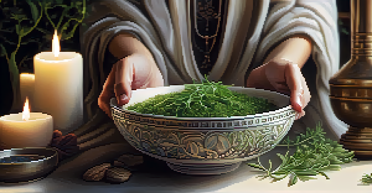 Close-up of hands holding a bowl of herbs, set against a softly blurred meditation space with candles.