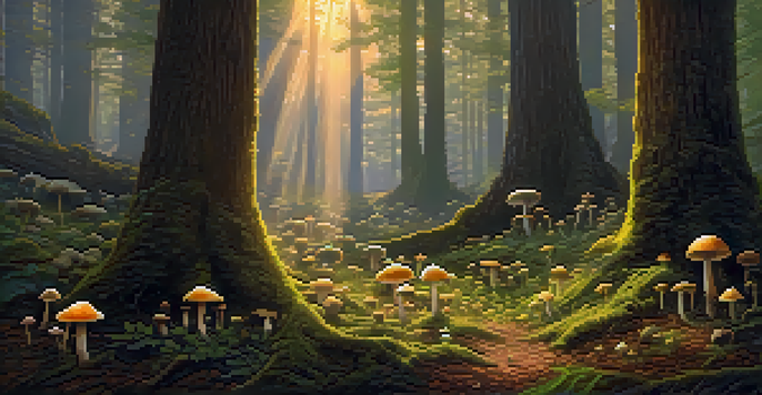 A tranquil forest with sunlight shining through the trees, highlighting a circle of mushrooms on the ground.