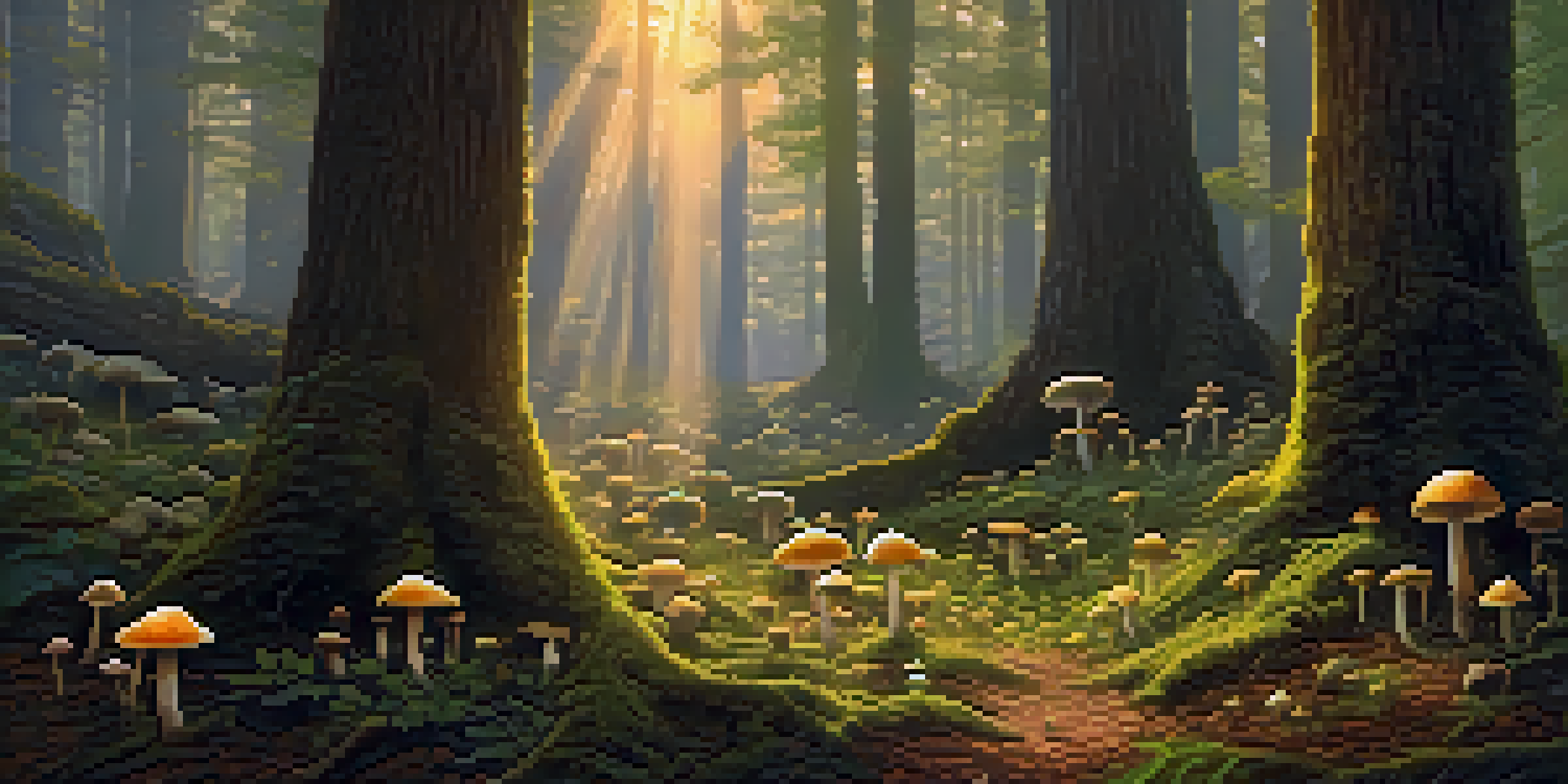 A tranquil forest with sunlight shining through the trees, highlighting a circle of mushrooms on the ground.