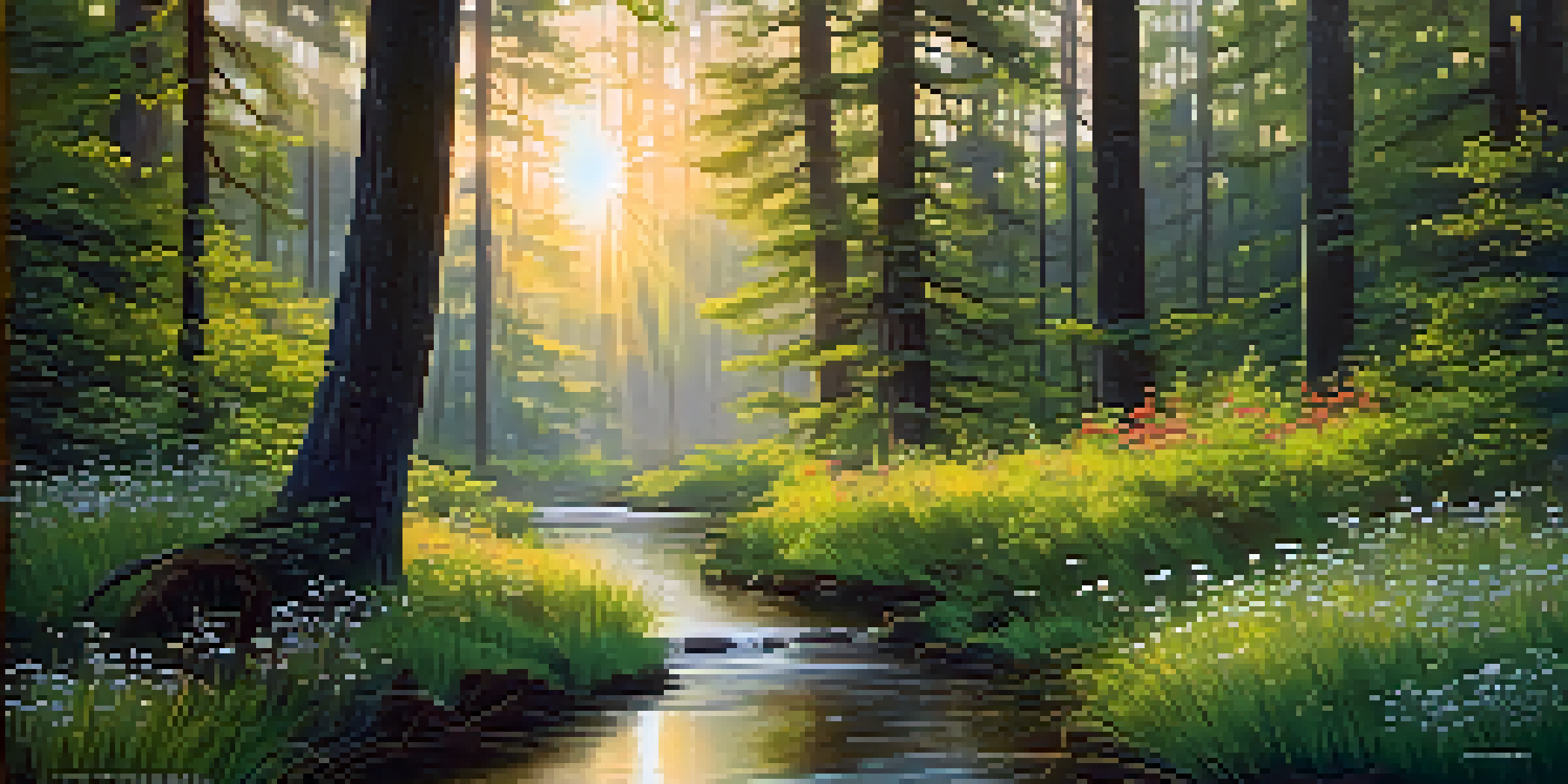 A peaceful forest at sunrise, with golden light shining through trees, green underbrush, colorful wildflowers, and a small stream.