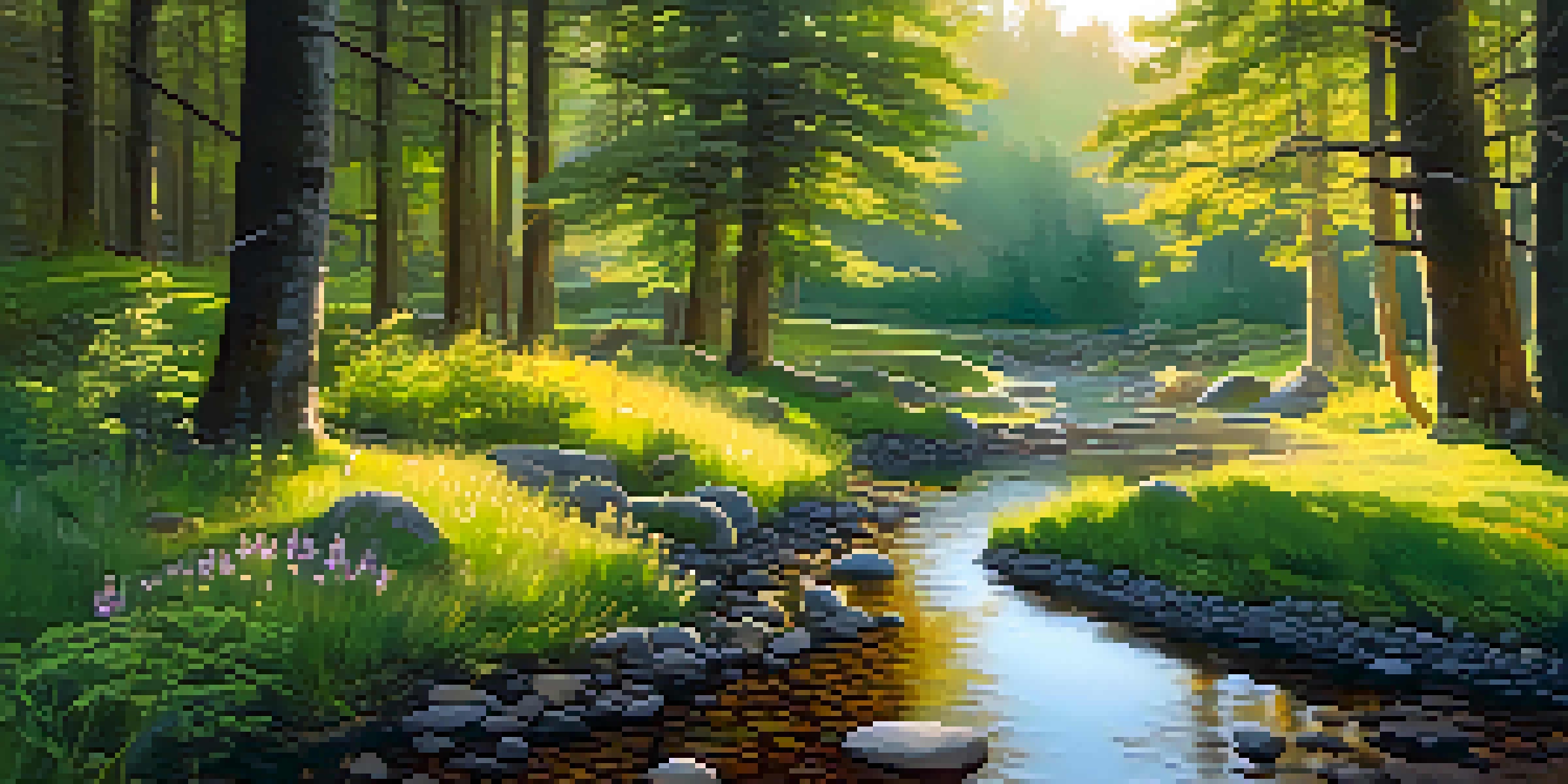 A peaceful forest at dawn with sunlight filtering through trees, a stream in the foreground, and wildflowers along the banks.