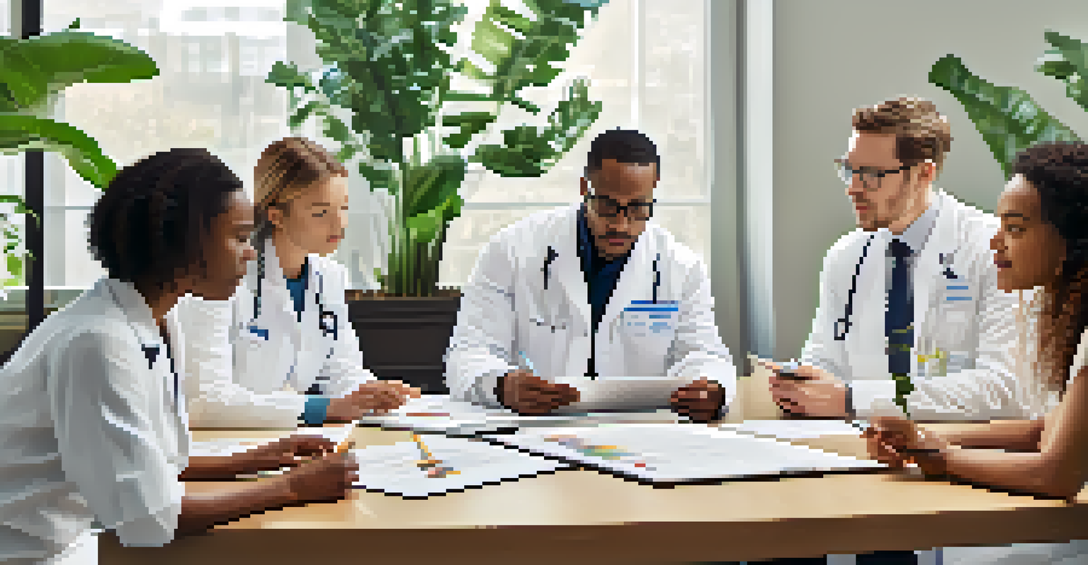 A diverse group of healthcare professionals discussing research around a table in a bright, plant-filled room.