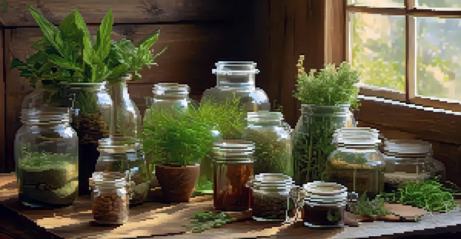 A rustic table displaying various herbs and plants in glass jars, with warm lighting creating a cozy ambiance.