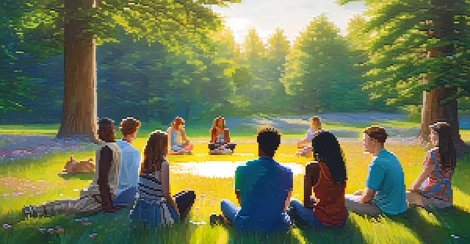 A diverse group of people discussing mental health and psychedelics in a sunny outdoor setting surrounded by flowers.