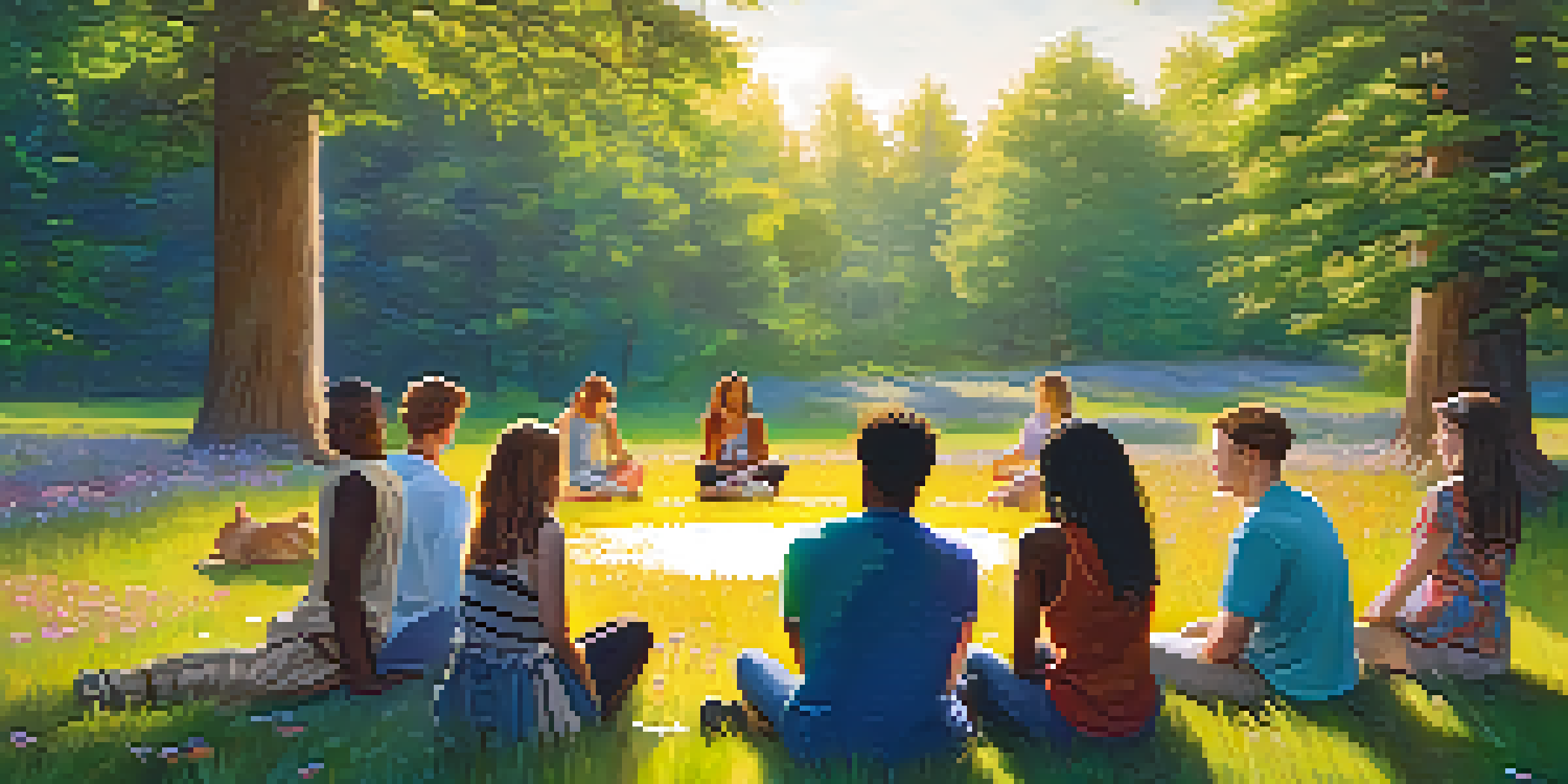 A diverse group of people discussing mental health and psychedelics in a sunny outdoor setting surrounded by flowers.